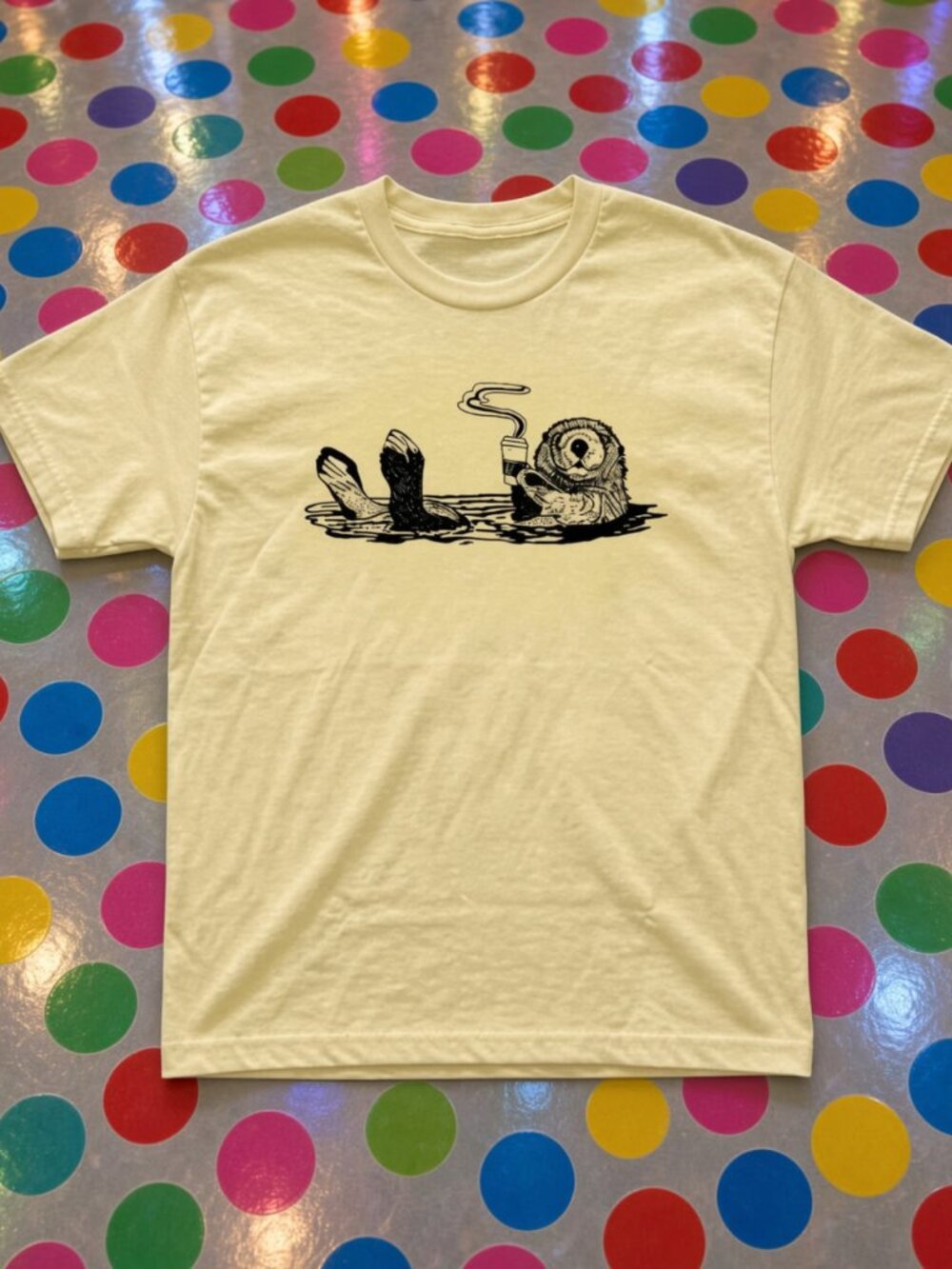 Floating Sea Otter Drinking Coffee Linocut Graphic T-Shirt Gildan Cotton Tee